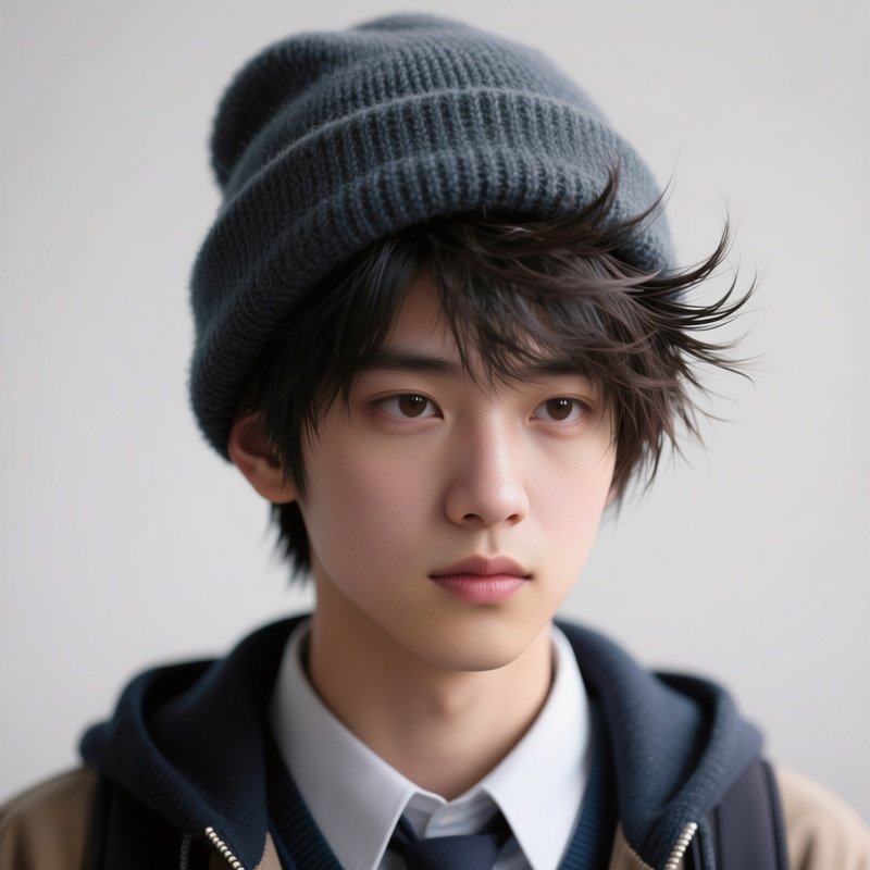 Photorealistic Image: A Student With Hair Completely Static After Removing A Wool Hat.