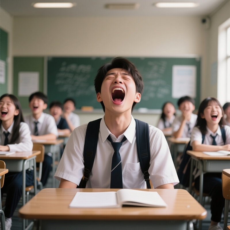 Photorealistic Image: A Student Yawning So Big The Whole Class Starts Yawning.