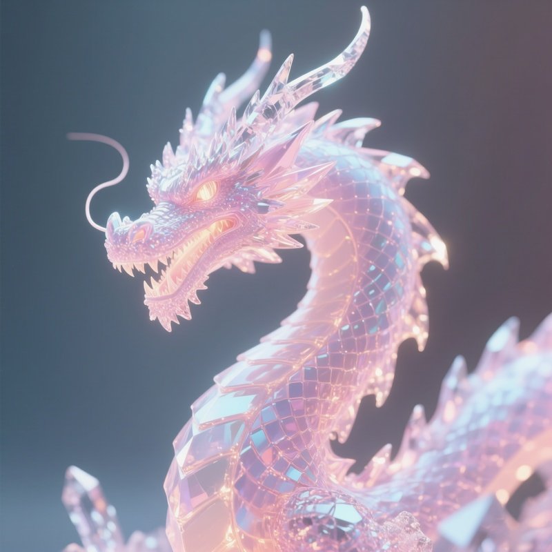 Photorealistic Image: A Sugar Crystal Dragon Glowing In Pastel Hues.