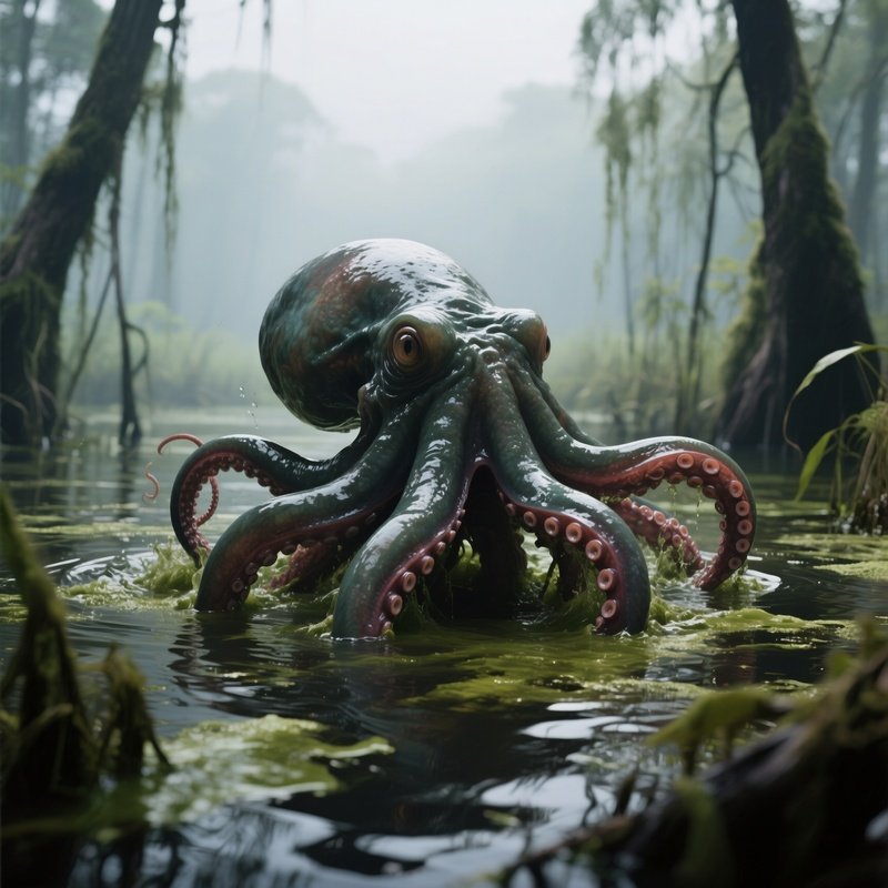 Photorealistic Image: A Swamp Kraken Rising From Toxic Waters.