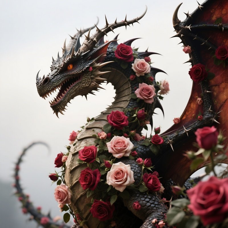 Photorealistic Image: A Thorn Dragon Covered In Blooming Roses.