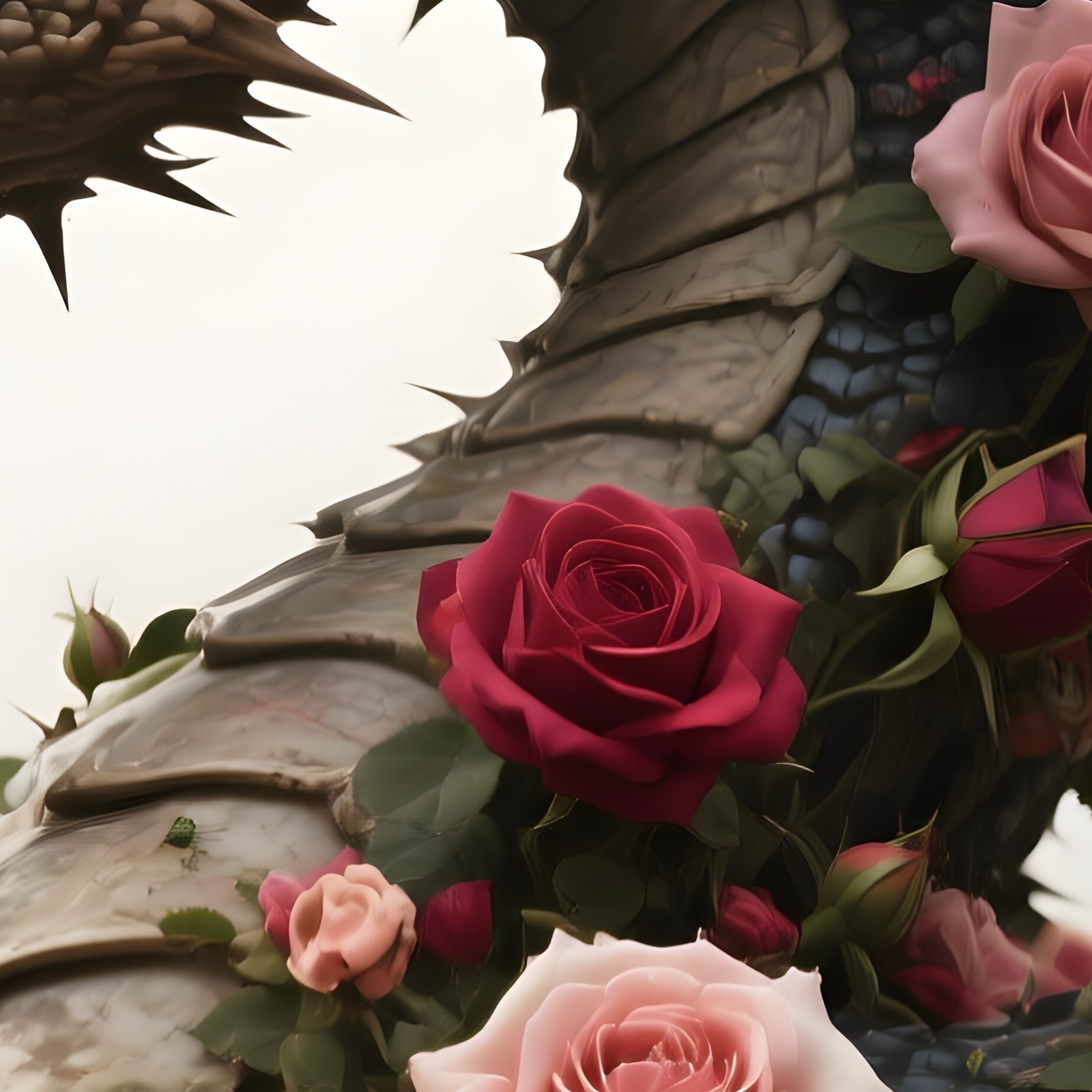 Photorealistic Image: A Thorn Dragon Covered In Blooming Roses. - Full Resolution Quality Preview