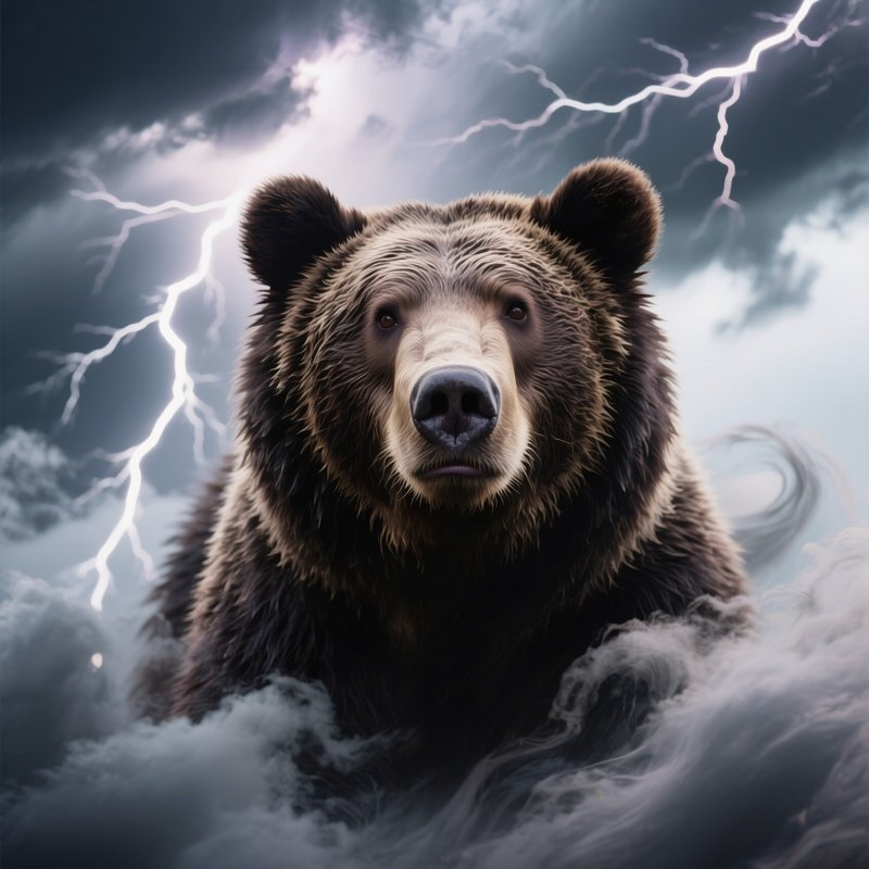 Photorealistic Image: A Thunder Bear With Storm Clouds Swirling Around Its Fur.