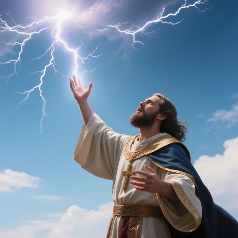 Photorealistic Image: A Thunder Priest Calling Lightning From Clear Skies.