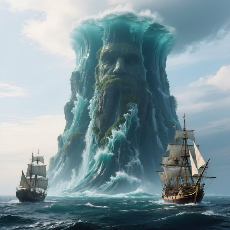 Photorealistic Image: A Tidal Colossus Made Of Living Ocean Water Towering Above Ships.