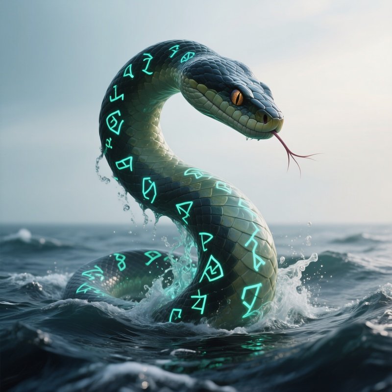 Photorealistic Image: A Tidal Serpent Rising From Ocean Depths Covered In Glowing Runes.