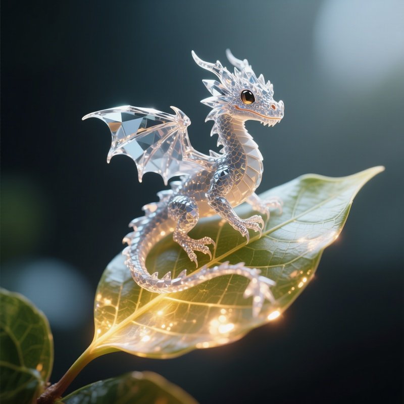 Photorealistic Image: A Tiny Crystal Dragon Perched On A Glowing Leaf.