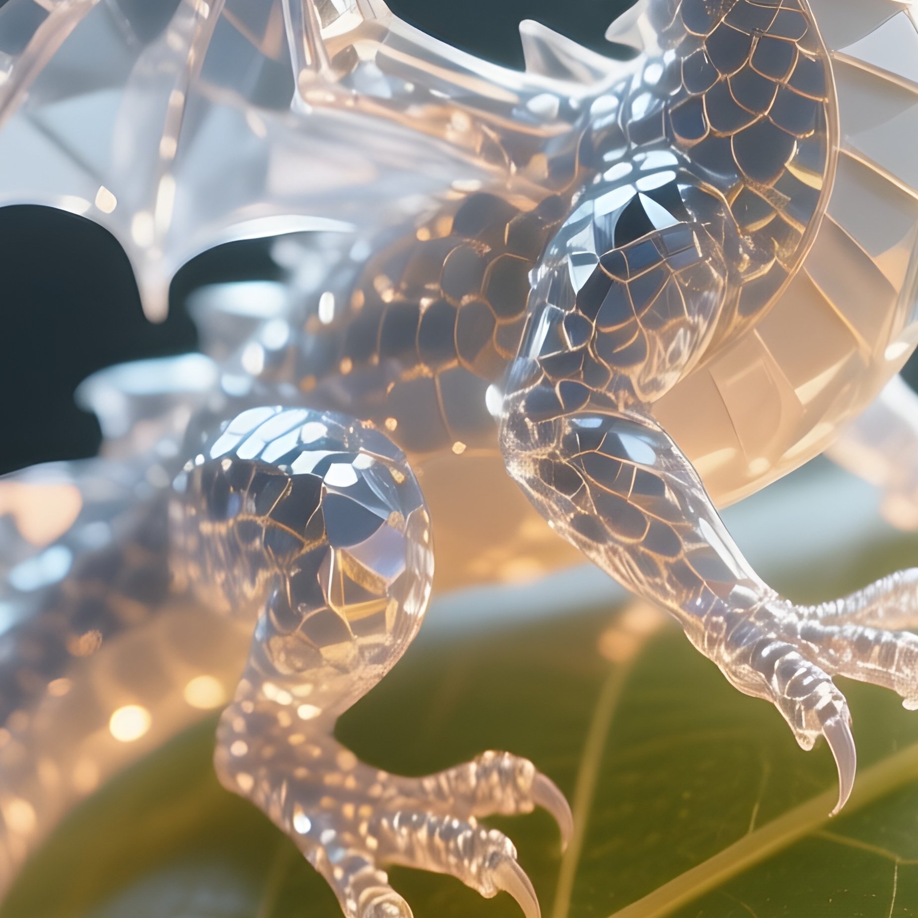 Photorealistic Image: A Tiny Crystal Dragon Perched On A Glowing Leaf. - Full Resolution Quality Preview