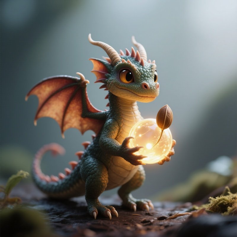 Photorealistic Image: A Tiny Dragon Carrying A Glowing Seed Orb.