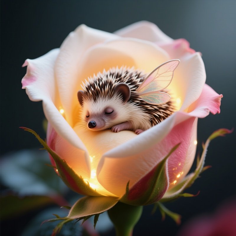 Photorealistic Image: A Tiny Hedgehog Fairy Sleeping Inside A Glowing Rosebud.