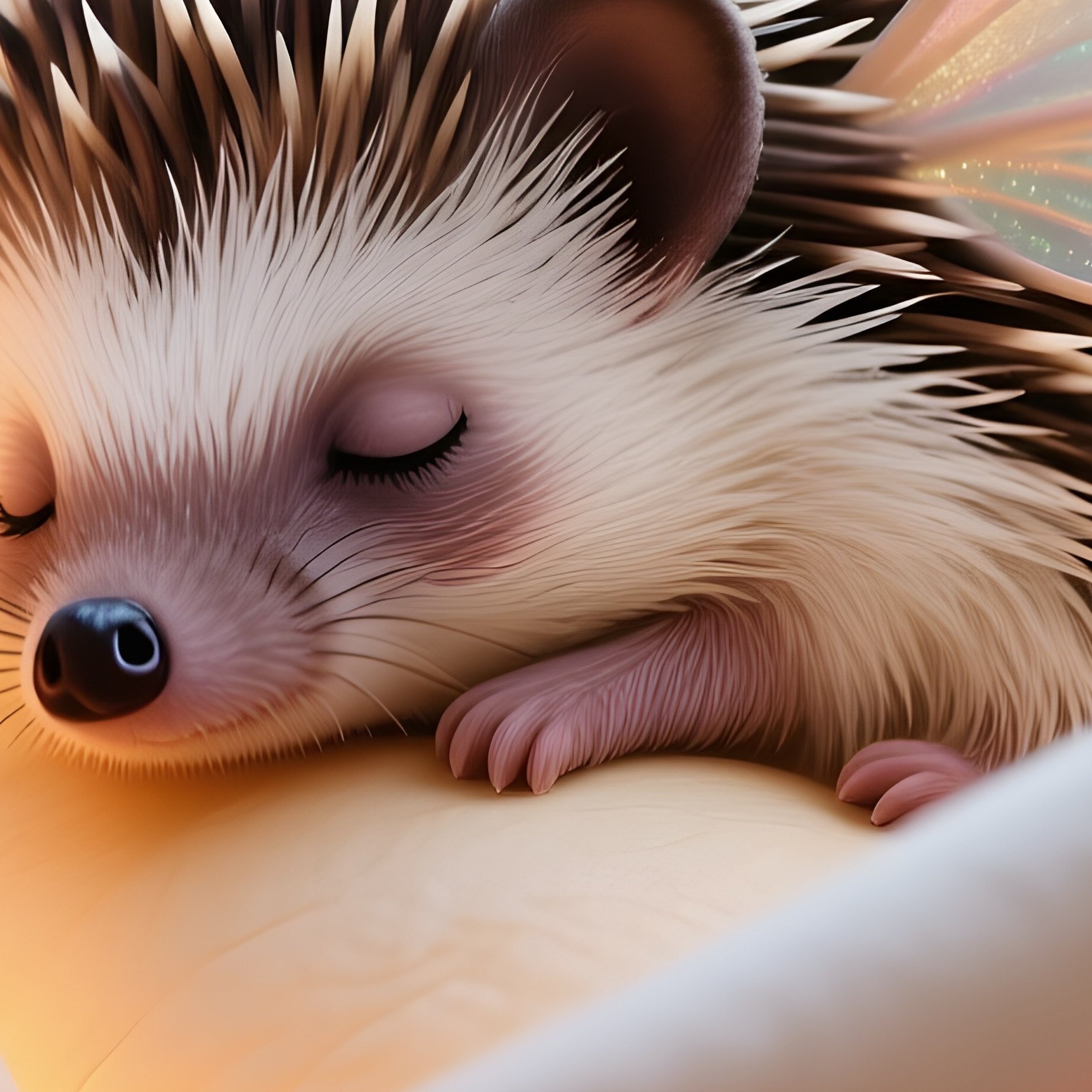 Photorealistic Image: A Tiny Hedgehog Fairy Sleeping Inside A Glowing Rosebud. - Full Resolution Quality Preview