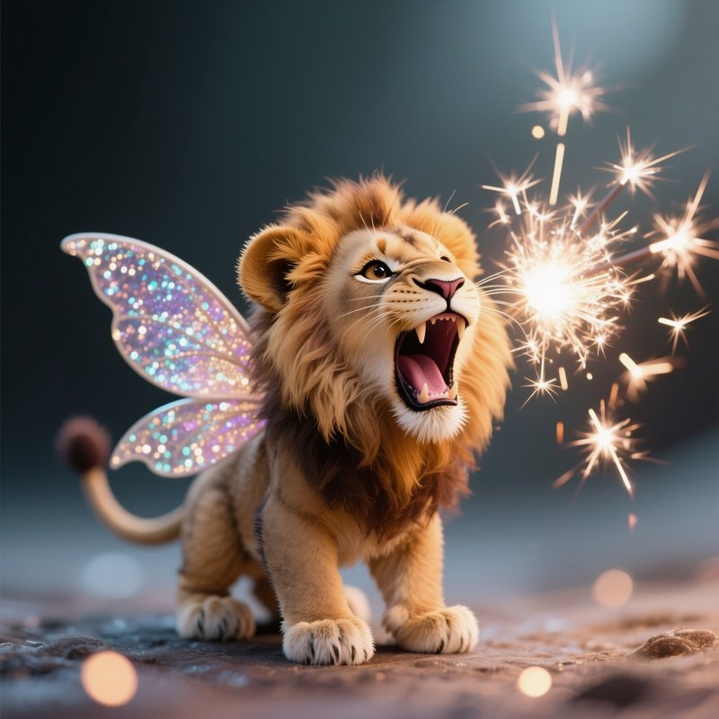 Photorealistic Image: A Tiny Lion Fairy Roaring Sparks Of Glitter.