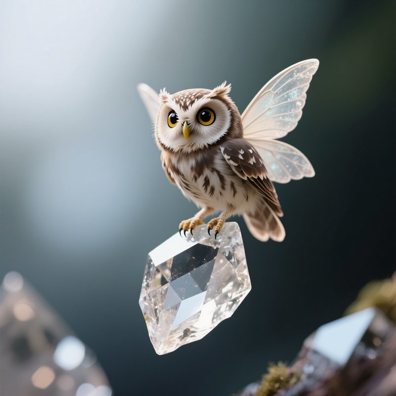 Photorealistic Image: A Tiny Owl Fairy Perched On A Floating Crystal Shard.