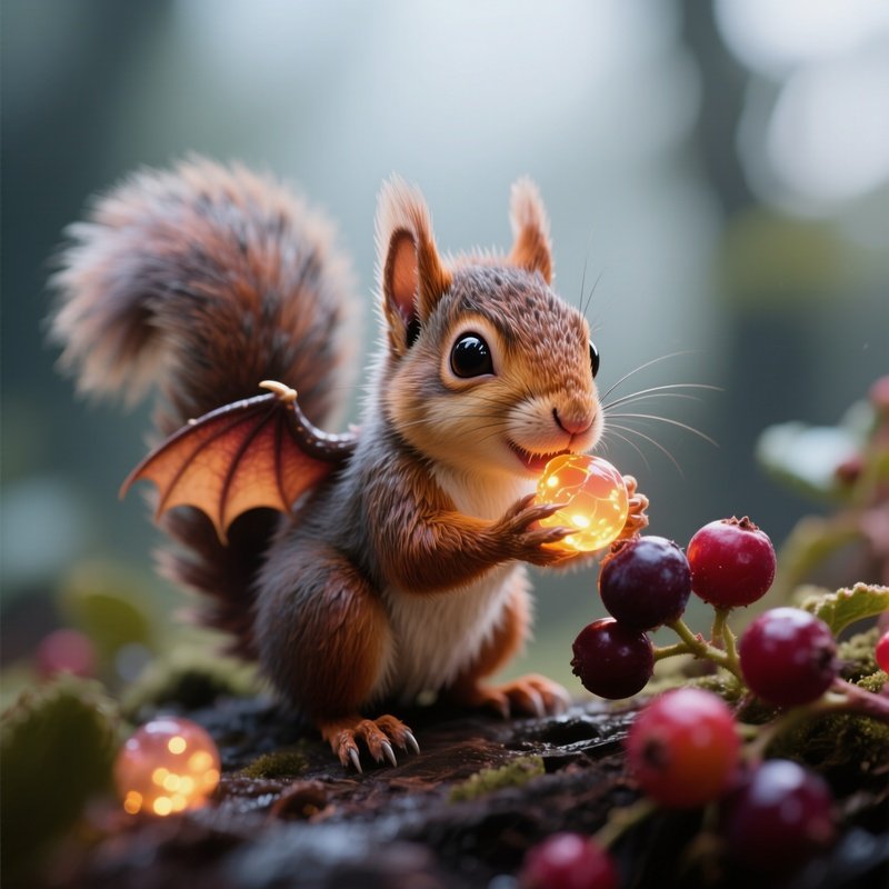 Photorealistic Image: A Tiny Squirrel Dragon Nibbling Glowing Berries.