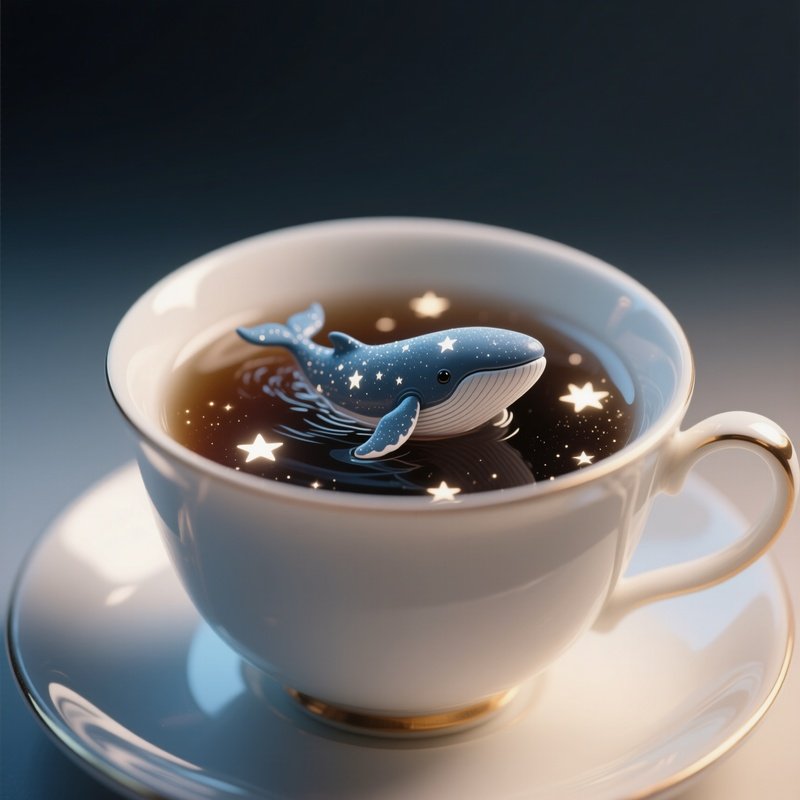 Photorealistic Image: A Tiny Star Whale Swimming In A Teacup Of Starlight.