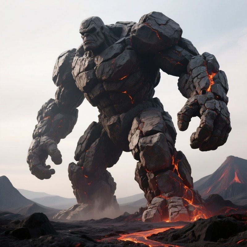 Photorealistic Image: A Titan Size Golem Made Of Volcanic Rock.