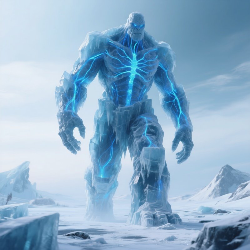 Photorealistic Image: A Towering Ice Golem With Glowing Blue Veins Walking Through Frozen Wastelands.