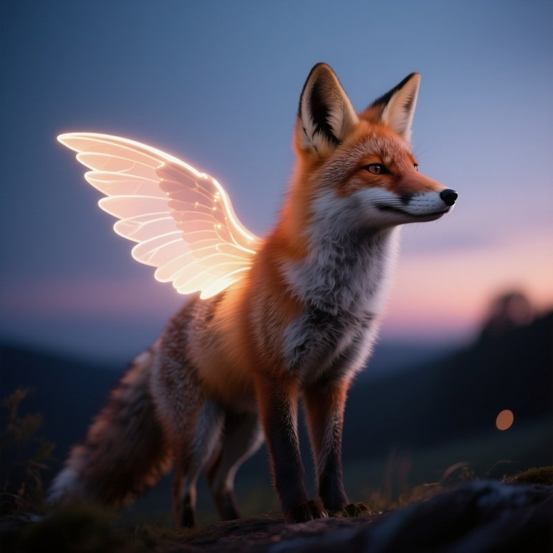 Photorealistic Image: A Twilight Fox With Softly Glowing Wing Tips.