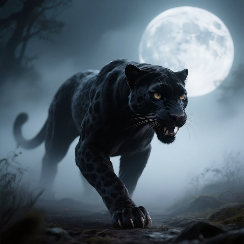 Photorealistic Image: A Vampire Panther Stalking Through Moonlit Fog.