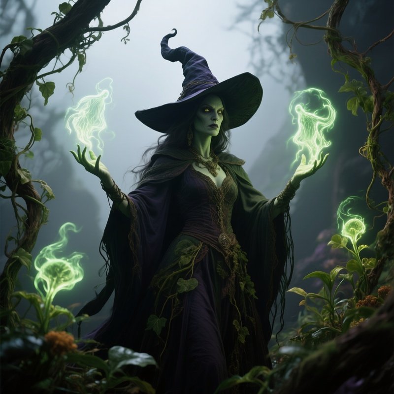 Photorealistic Image: A Vine Witch Commanding Glowing Plant Spirits.