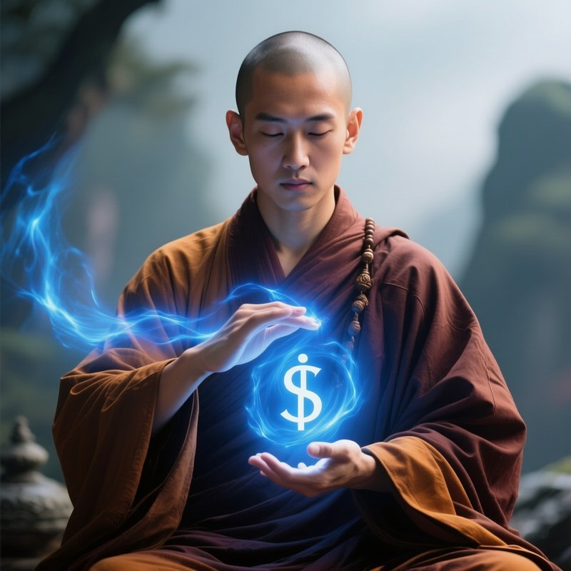Photorealistic Image: A Wandering Monk Channeling Blue Chi Energy.