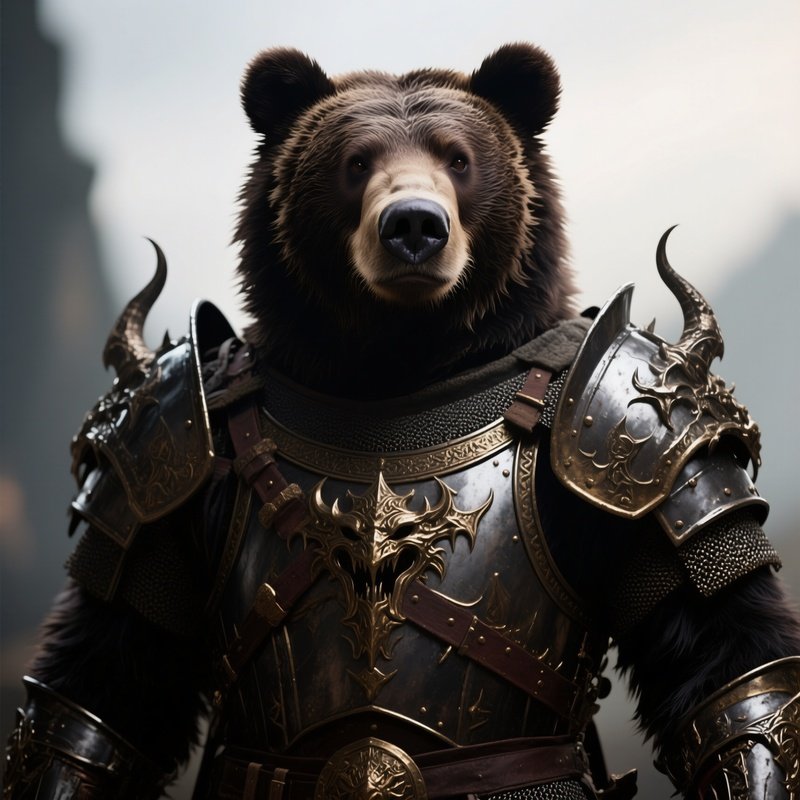 Photorealistic Image: A War Bear Wearing Ancient Demonic Armor.