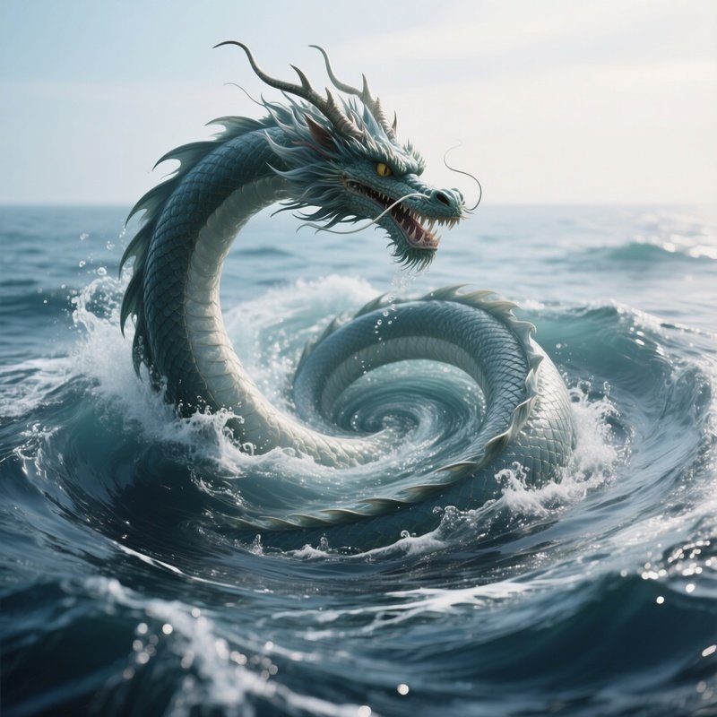 Photorealistic Image: A Water Dragon Spiraling Around Ocean Whirlpools.
