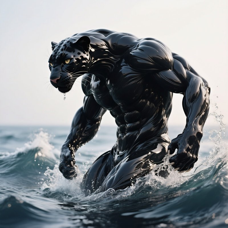 Photorealistic Image: A Water Panther With Liquid Muscles Twisting Like Ocean Currents.