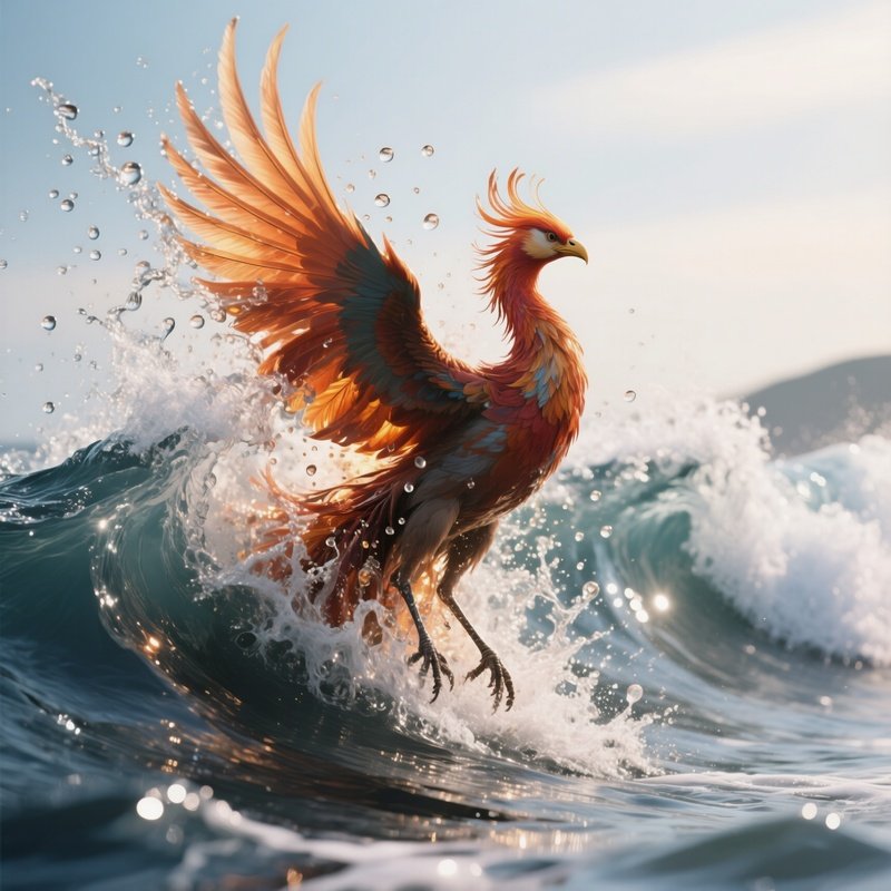 Photorealistic Image: A Water Phoenix Exploding From A Tidal Wave In Shimmering Droplets.