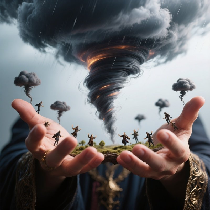 Photorealistic Image: A Weather Mage Summoning Miniature Tornadoes Between Hands.