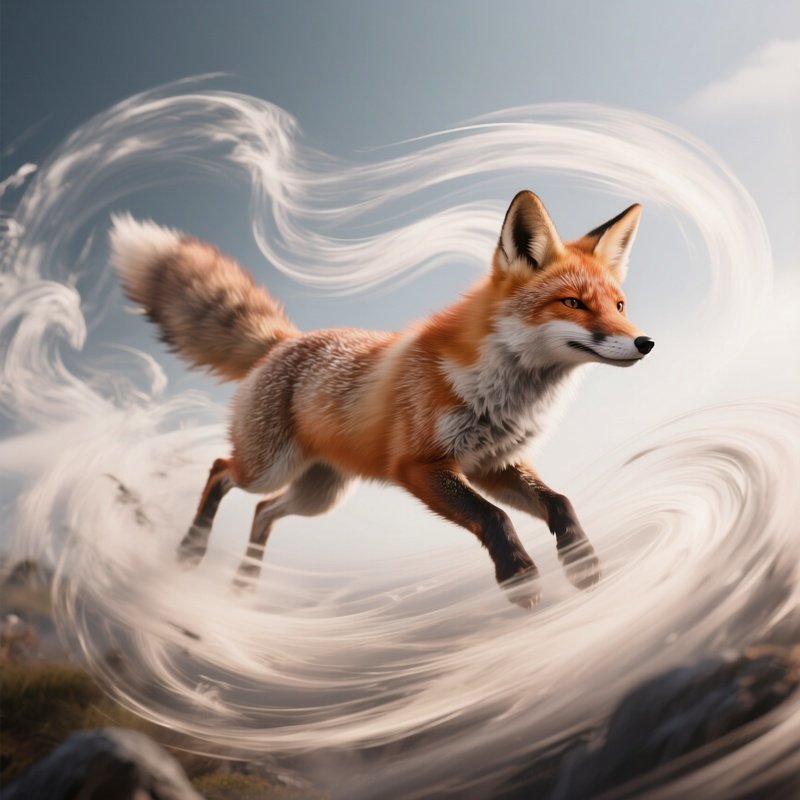 Photorealistic Image: A Wind Fox Teleporting In Swirls Of Air.