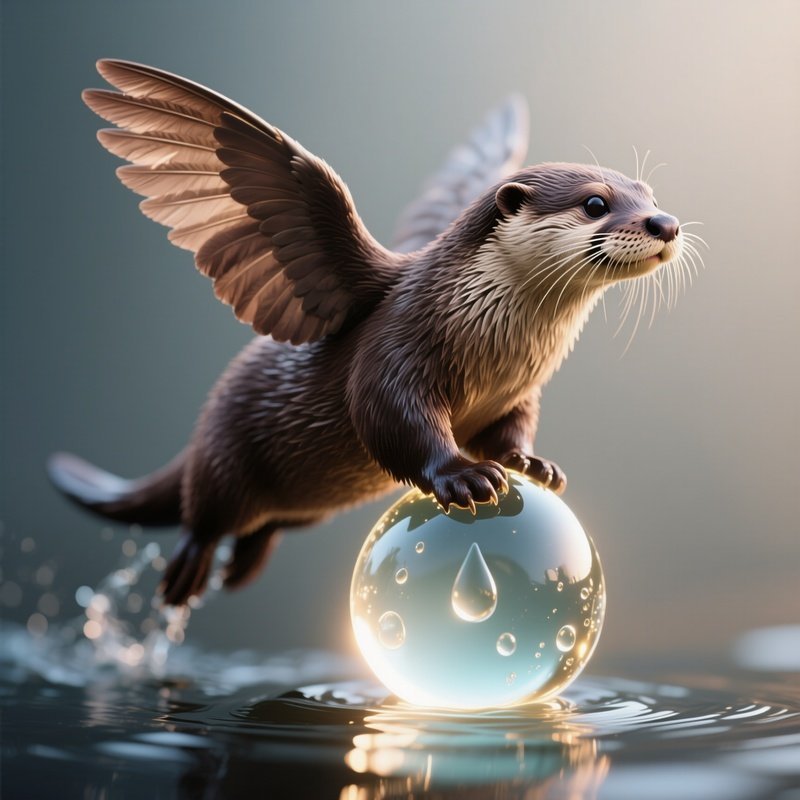 Photorealistic Image: A Winged Otter Riding A Glowing Water Droplet.