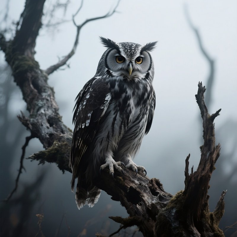Photorealistic Image: A Wraith Owl Perched On A Rotting Tree.