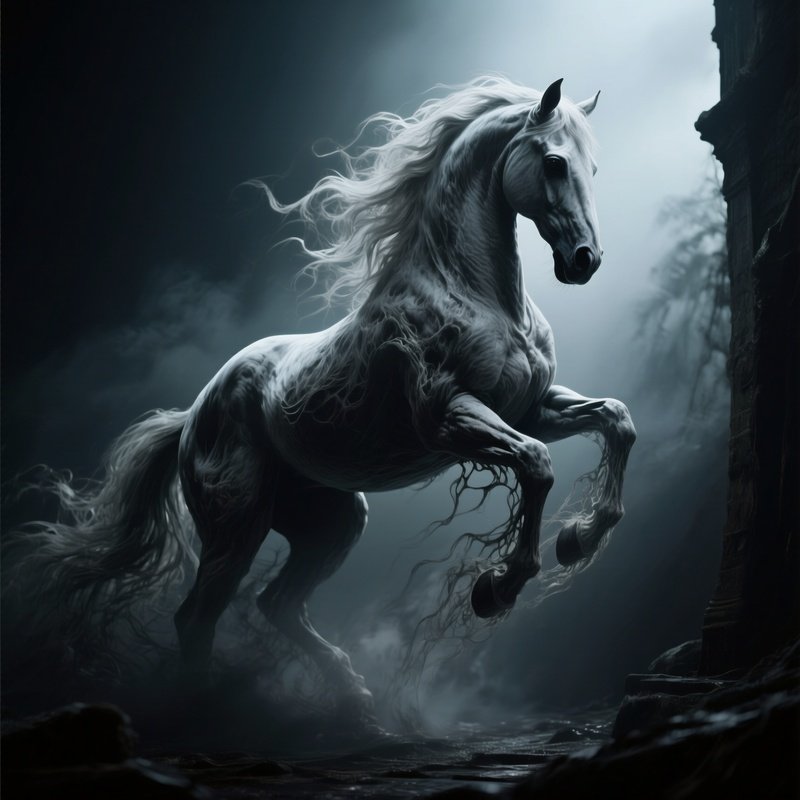 Photorealistic Image: A Wraith Stallion Rising From Shadows.