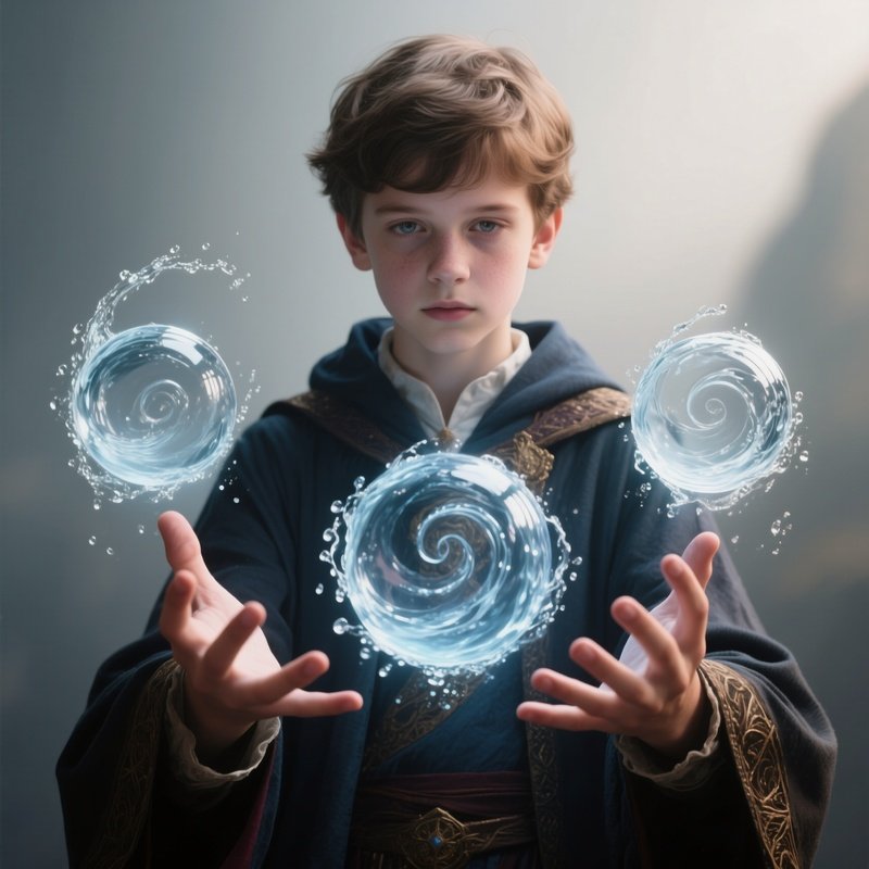Photorealistic Image: A Young Mage Conjuring Swirling Water Orbs Above Their Palms.