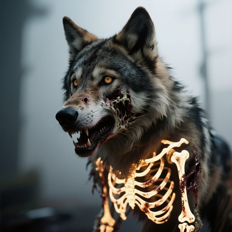 Photorealistic Image: A Zombie Wolf With Glowing Bones.