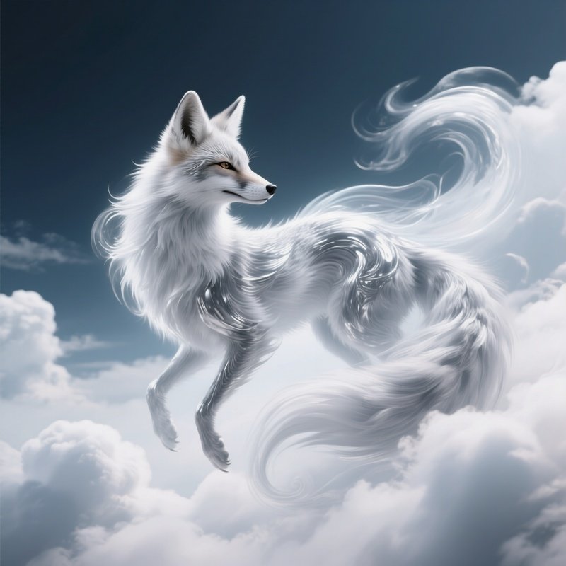 Photorealistic Image: An Air Spirit Shaped Like A Silver Fox Swirling Through Clouds.