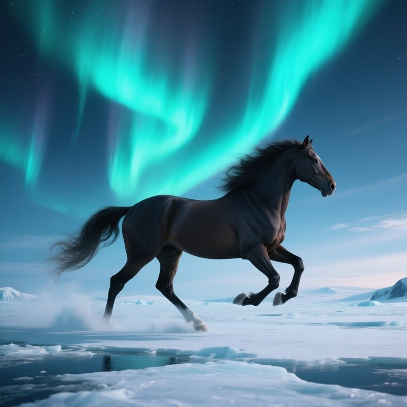 Photorealistic Image: An Aurora Stallion Galloping Across Polar Skies.