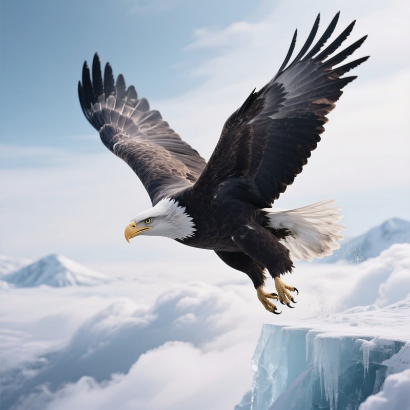Photorealistic Image: An Ice Eagle Diving From Frozen Clouds.