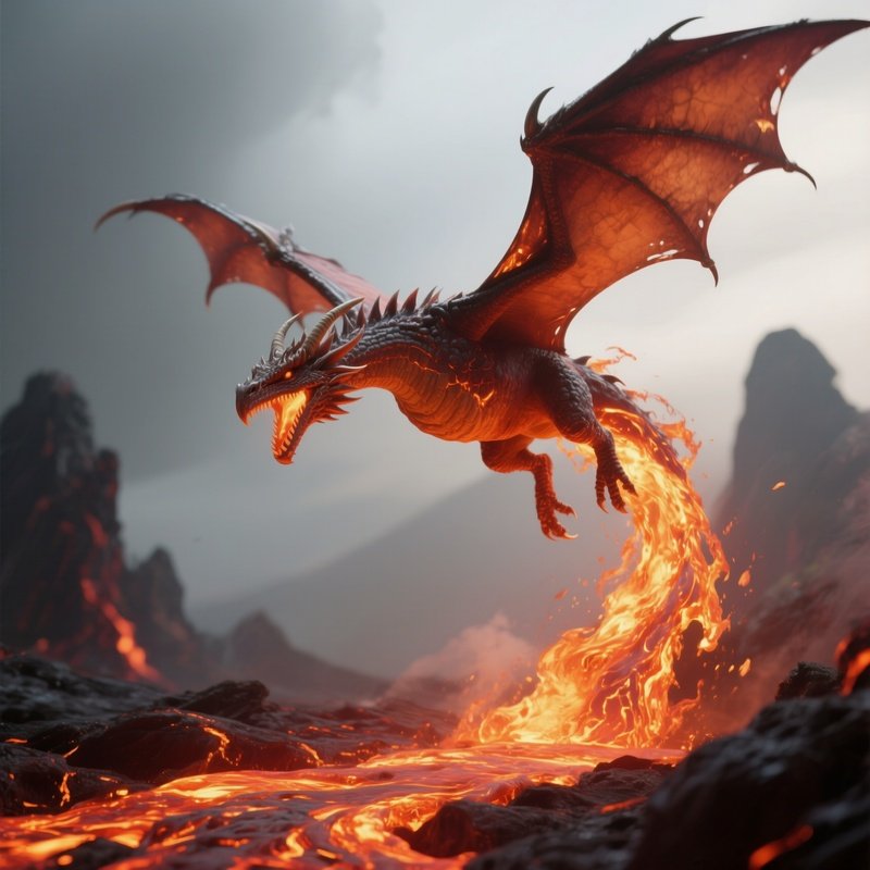 Photorealistic Image: An Inferno Wyvern Trailing Lava In The Air.