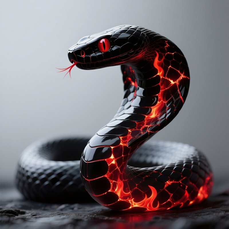 Photorealistic Image: An Obsidian Serpent Glowing With Internal Cracks Of Red Fire.