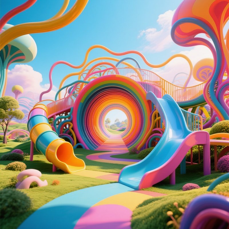 Photorealistic Image Bright Tunnels And Slides Intertwined In A Giant Indoor Play Maze
