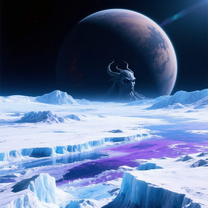 Photorealistic Image Charon Pluto Moon Shadow Frozen Surface Alien Scenery