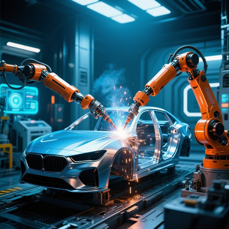 Photorealistic Image Of Robotic Arm Welding Car Frame Science Fiction