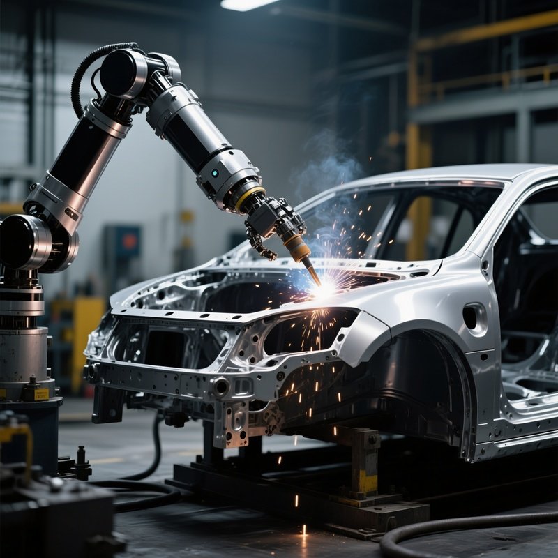 Photorealistic Image Of Robotic Arms Welding Car Frame Still Life
