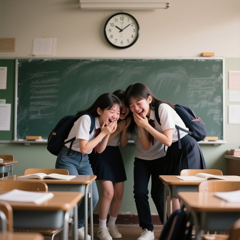 Photorealistic Image: Students Trying To Hide Giggles While The Classroom Clock Ticks Loudly.