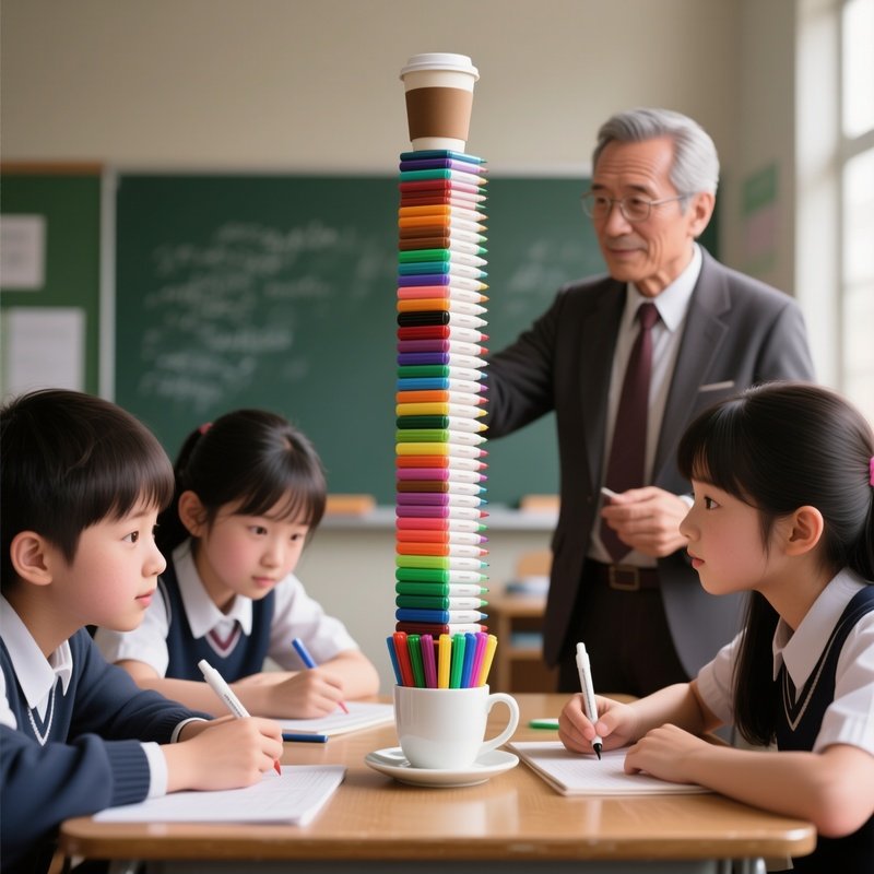 Photorealistic Image: Students Trying To Stack Markers Higher Than The Teacher’S Coffee Cup.