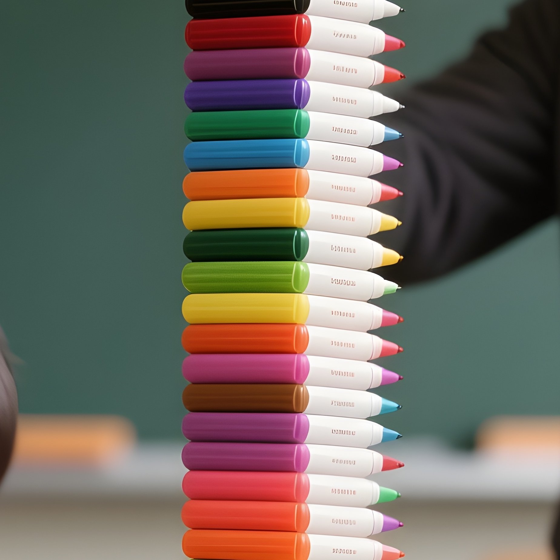Photorealistic Image: Students Trying To Stack Markers Higher Than The Teacher’S Coffee Cup. - Full Resolution Quality Preview