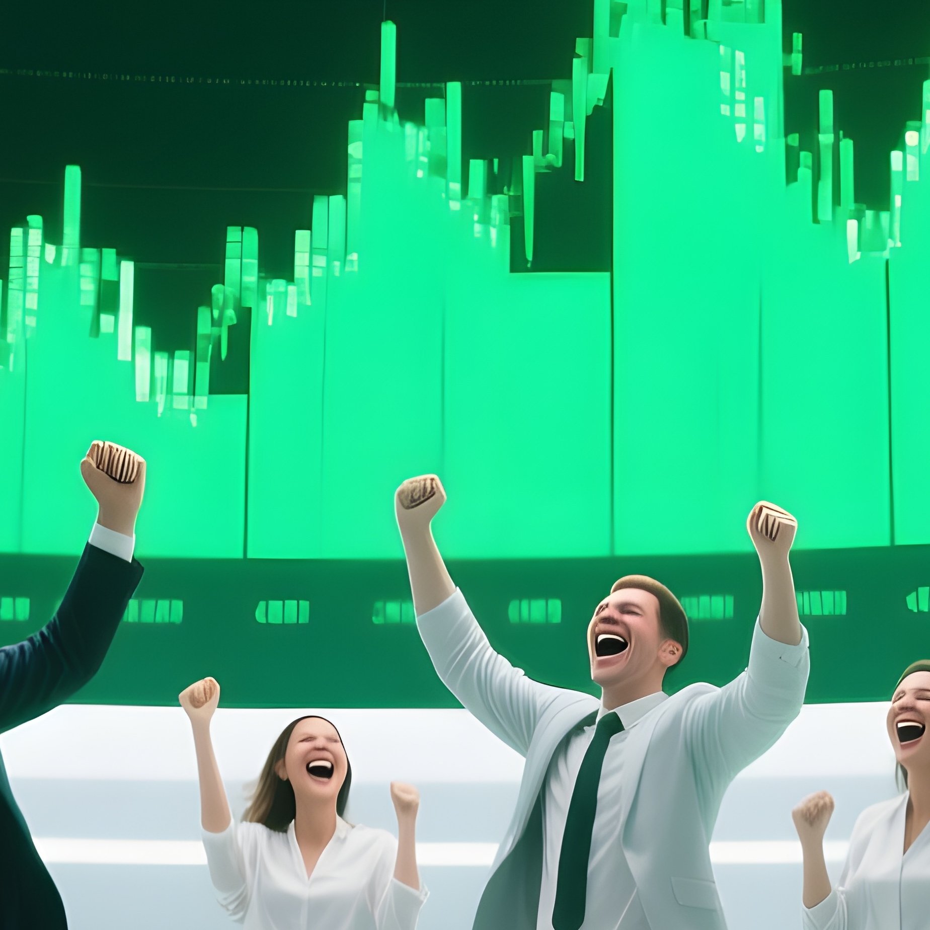 Photorealistic Image Traders Celebrating Green Number Display - Full Resolution Quality Preview