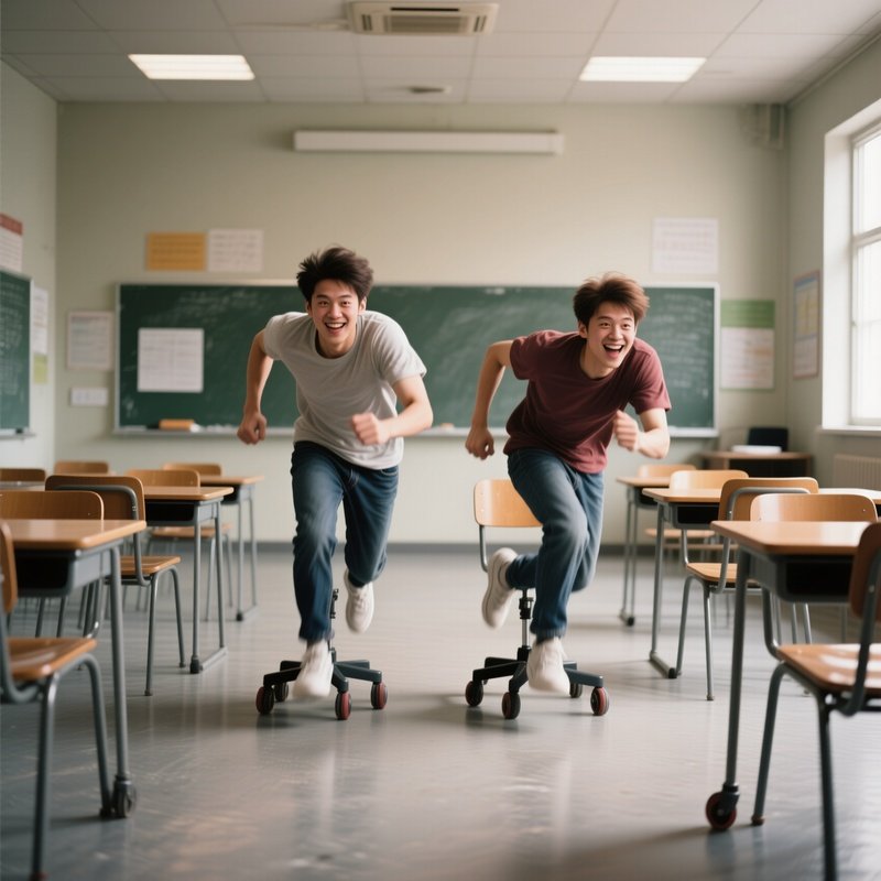 Photorealistic Image: Two Friends Racing Each Other With Rolling Chairs In An Empty Classroom.